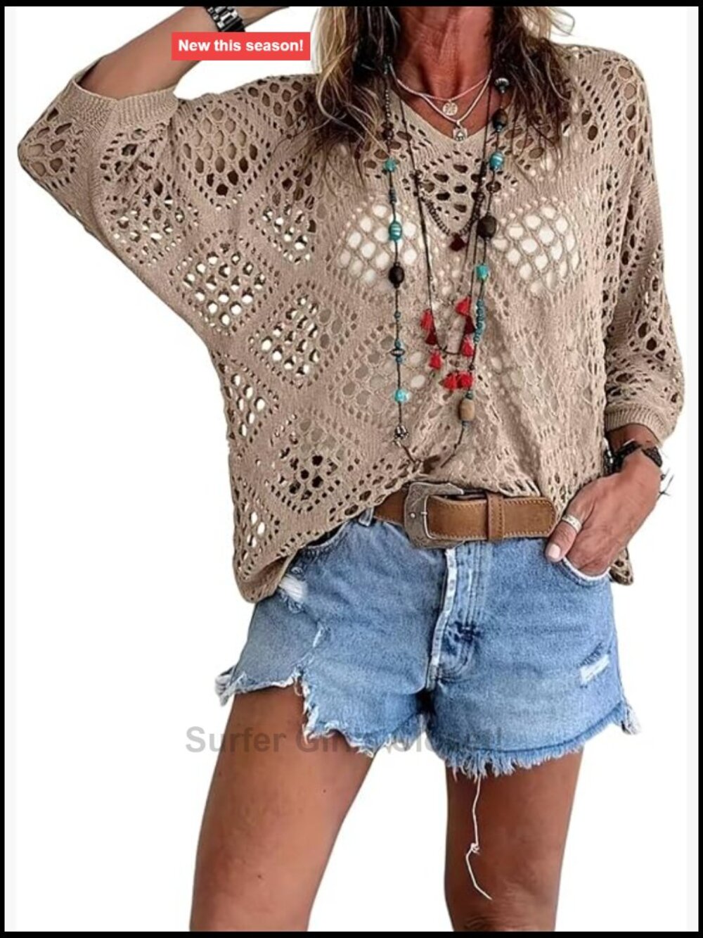 Crochet Long Sleeve Beach Cover Up Sweater Sexy V-Neck Bohemian Knit Tops